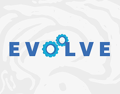 Logo for 'EVOLVE,' featuring a stylized gear icon integrated into the wordmark