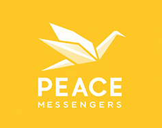Logo for 'Peace Messengers,' featuring a white origami crane on a bright yellow background